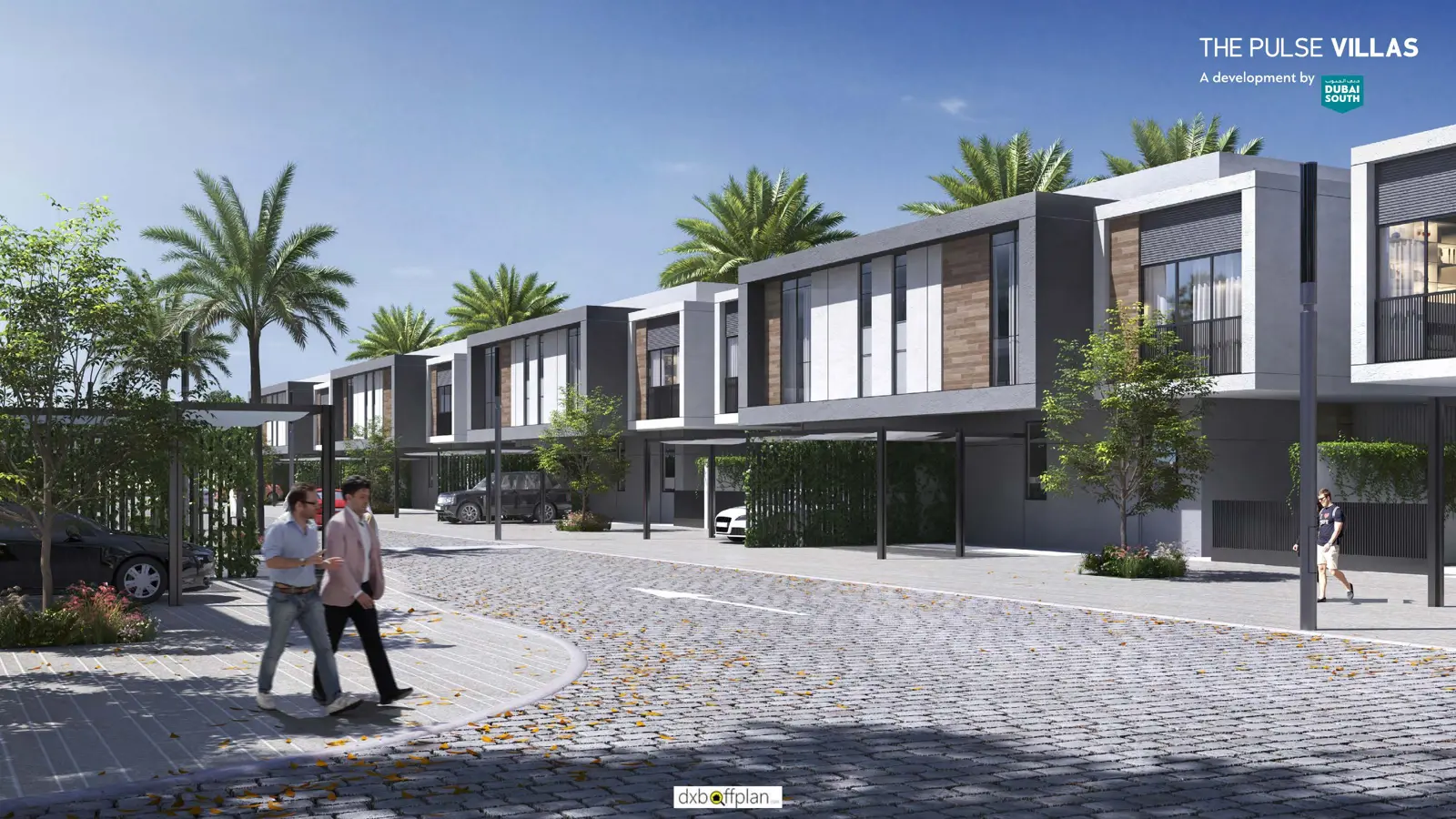 Two-storey townhouses along a paved street