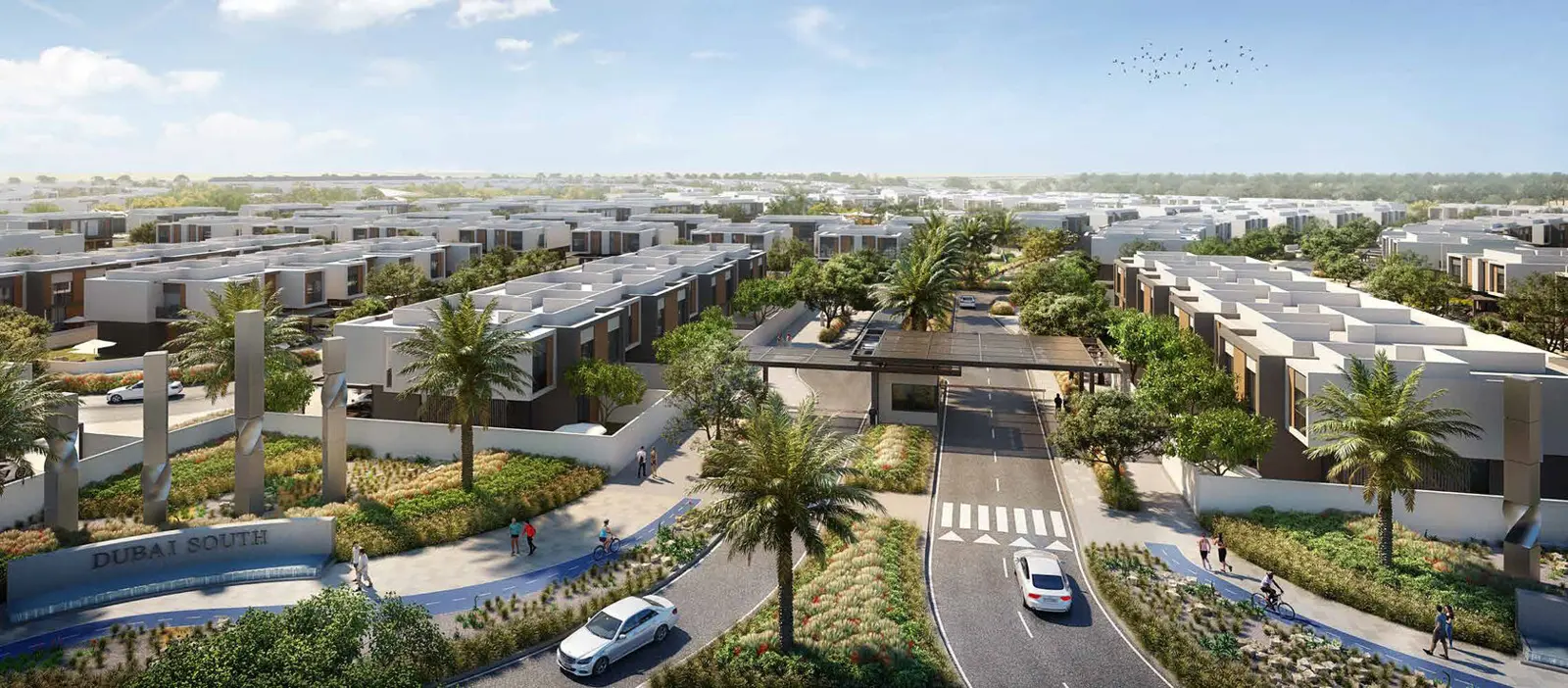 Gated community entrance with villas