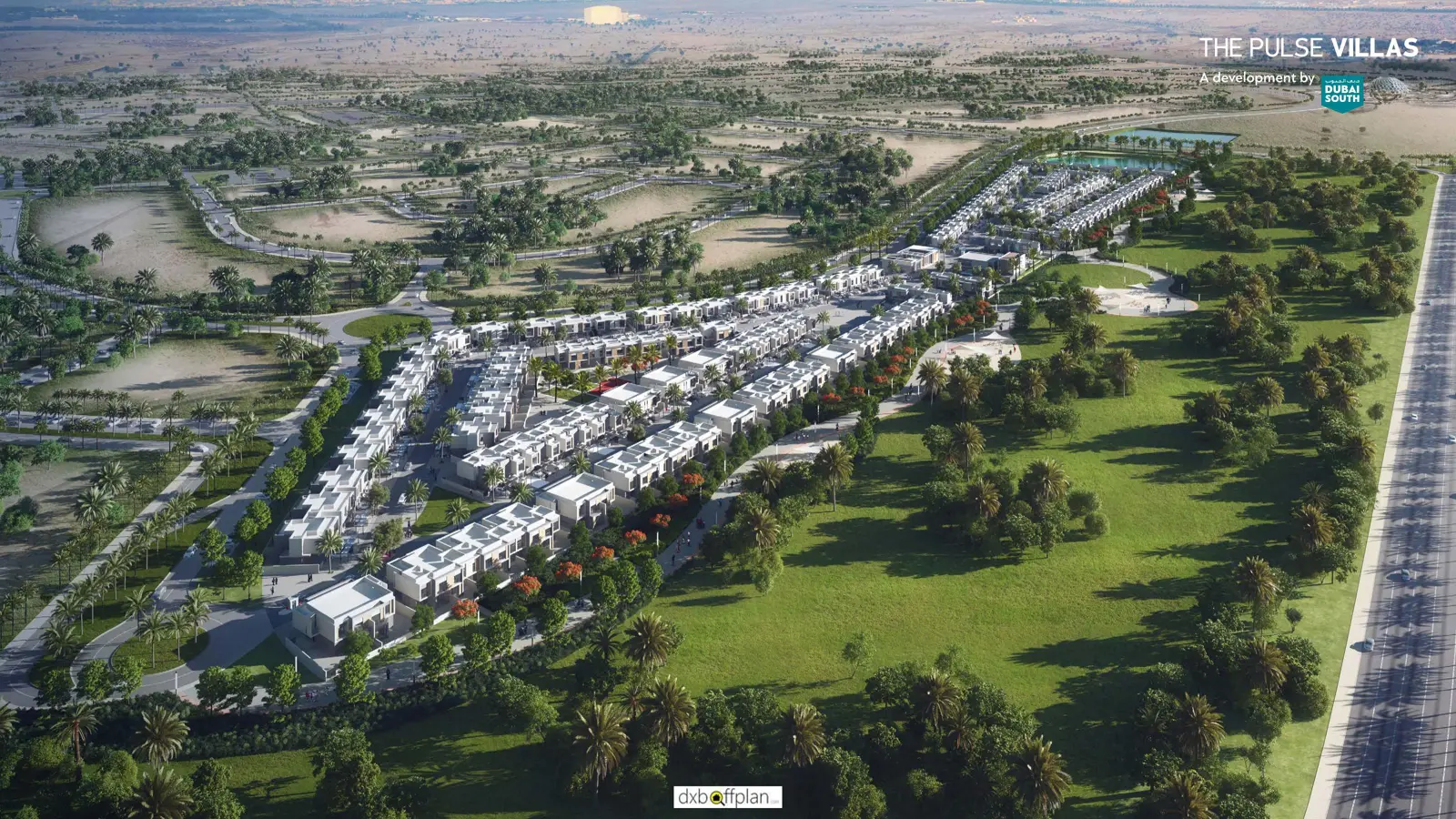Aerial view of villa community and green park