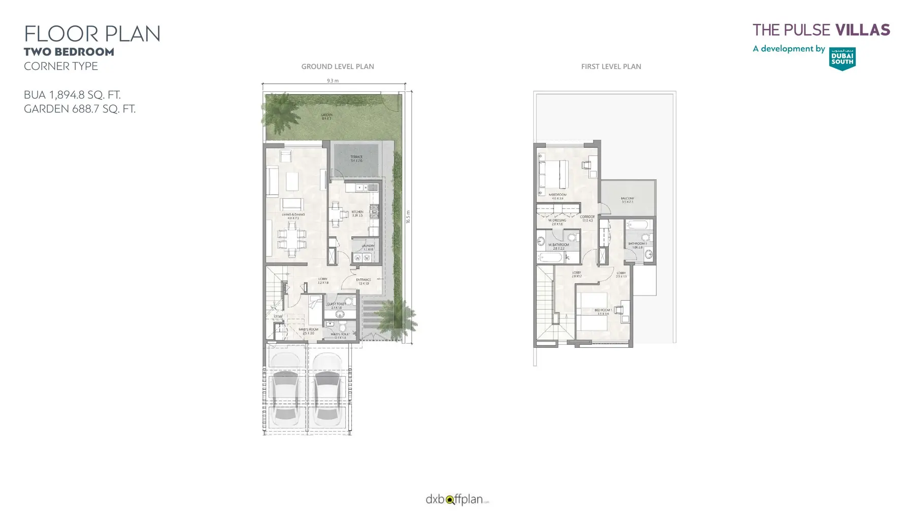 Two-bedroom corner townhouse plan