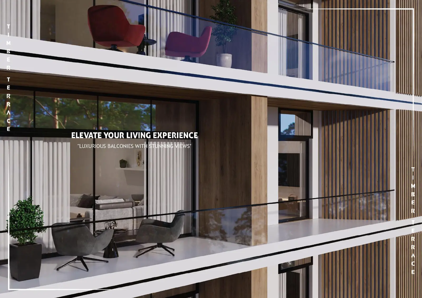 Balconies with glass railings and timber fins