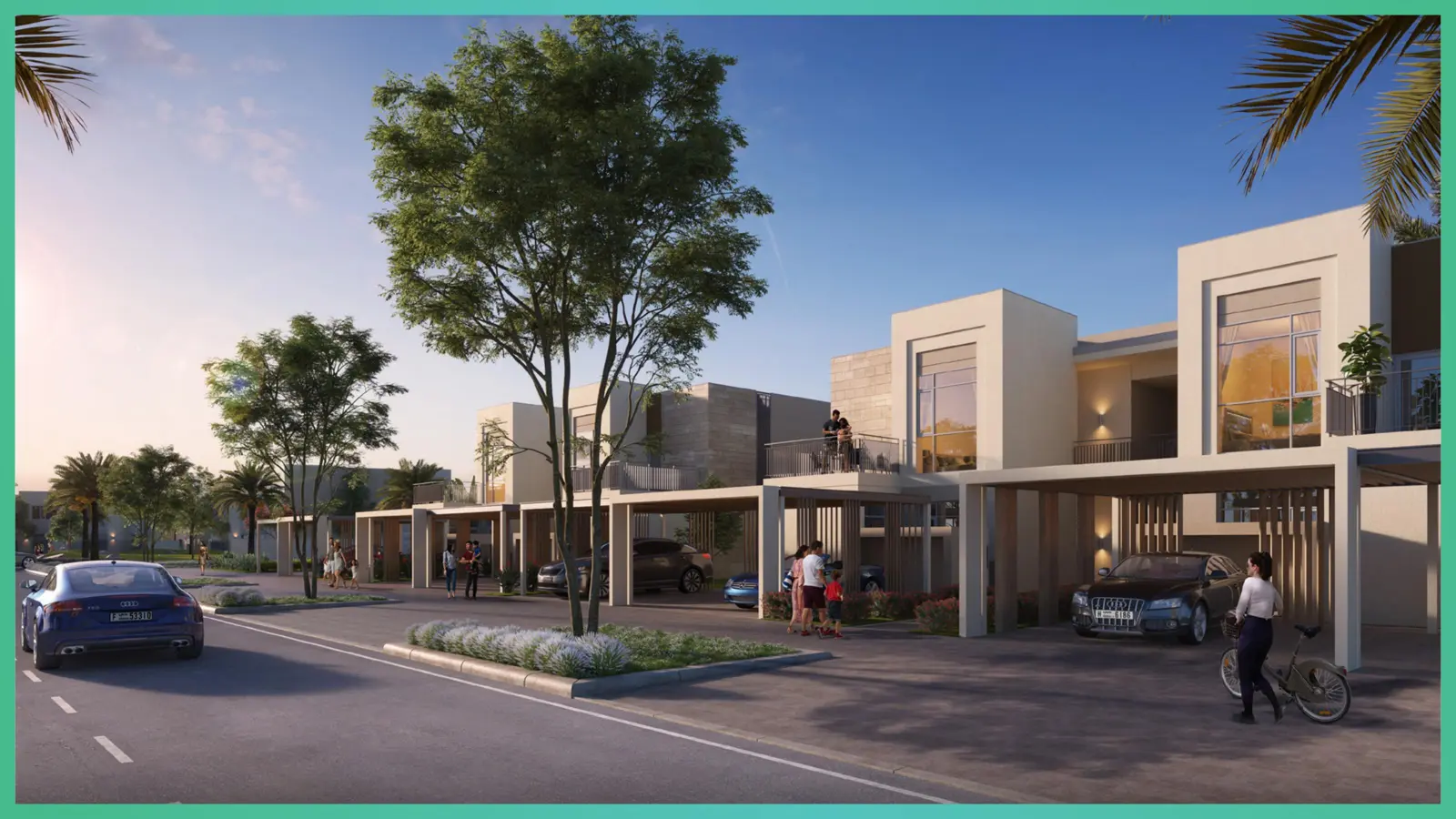 Street of townhouses with carports at sunset