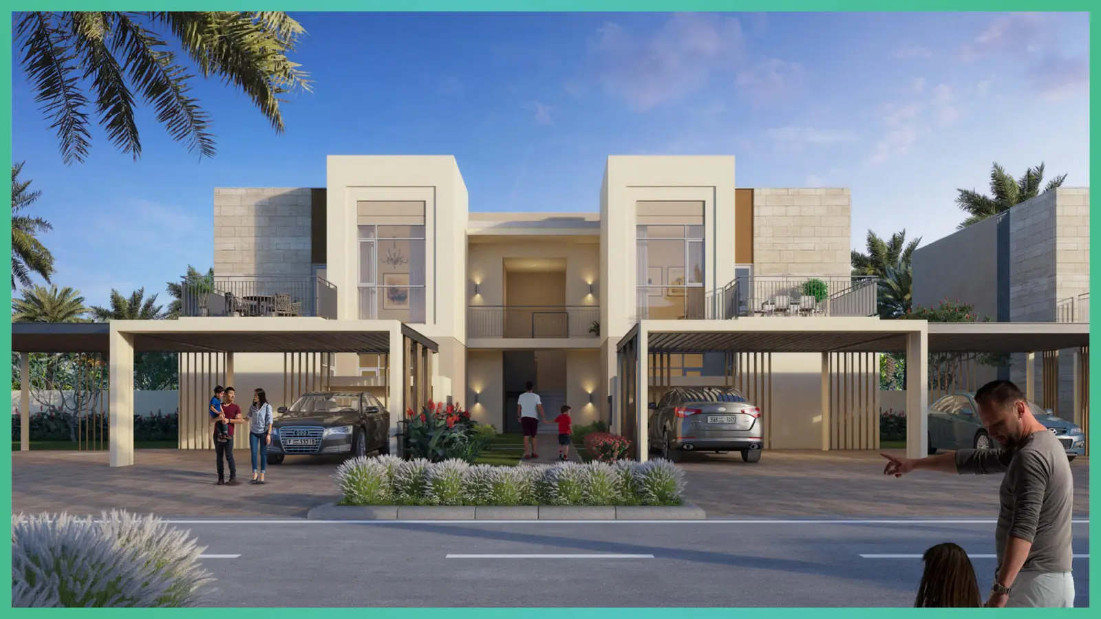 Front of a townhouse pair with carports