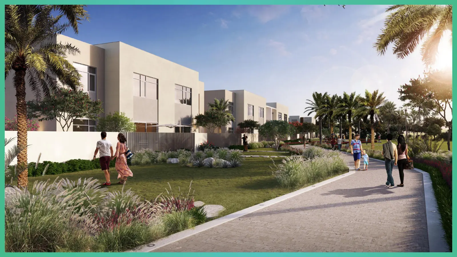 Townhouses along a landscaped walking path