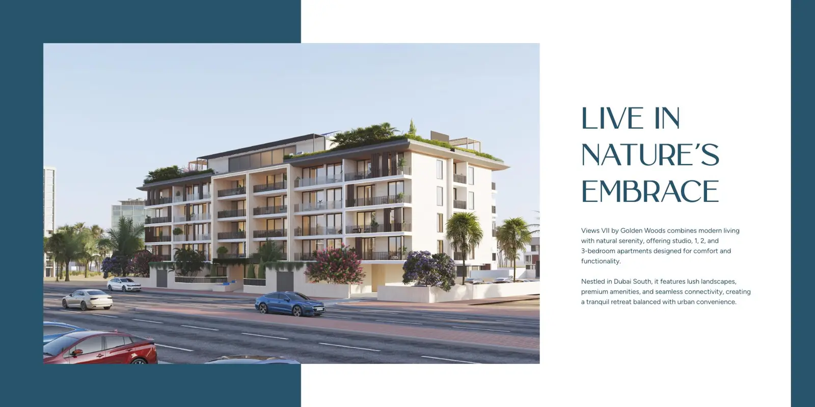 Low-rise building with planted terraces beside a road