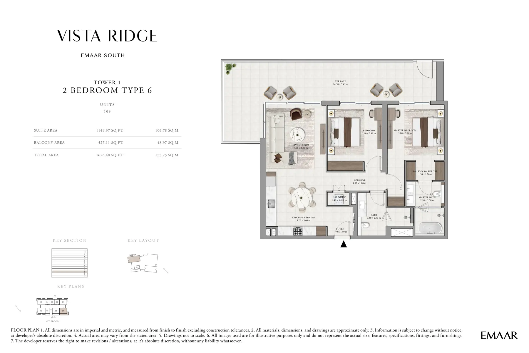 Tower 1 two-bedroom type 6 with large terrace