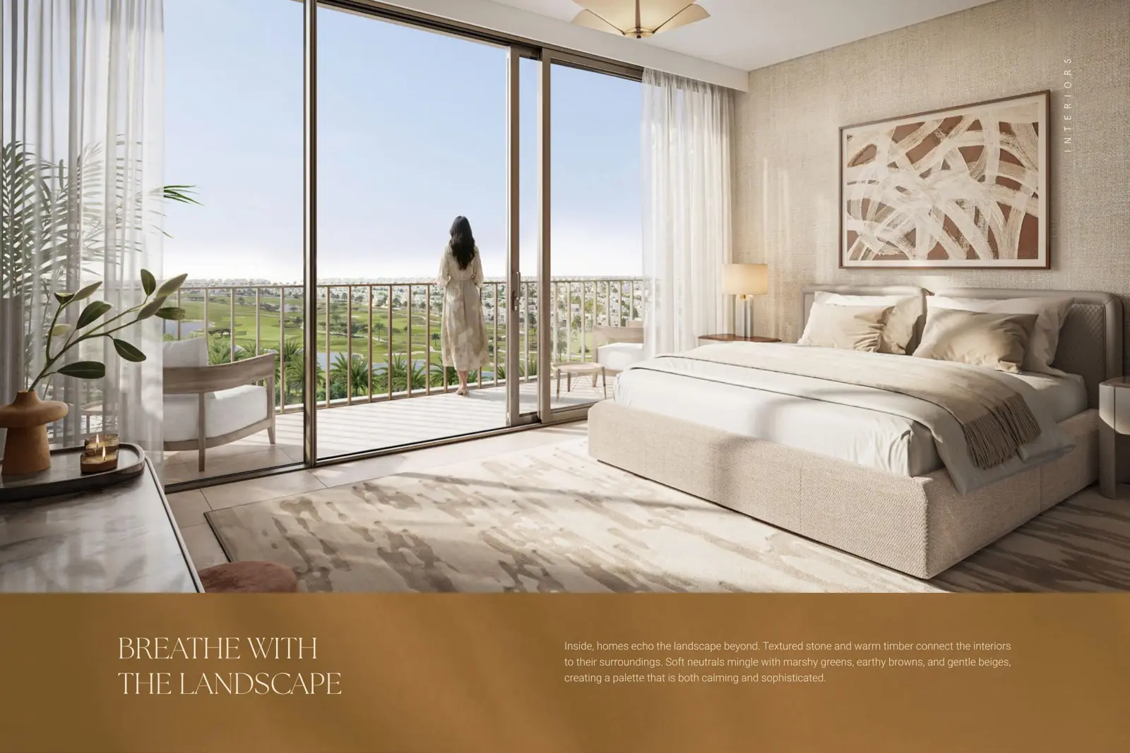 Bedroom with balcony and golf course view