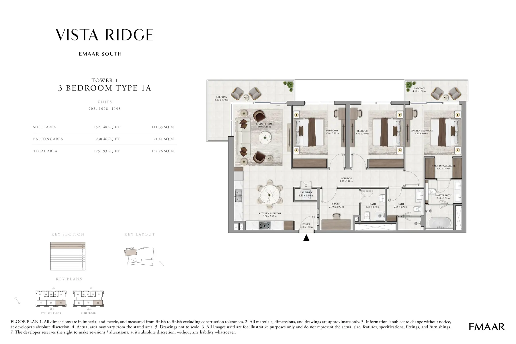 Tower 1, 3 bedroom type 1A plan