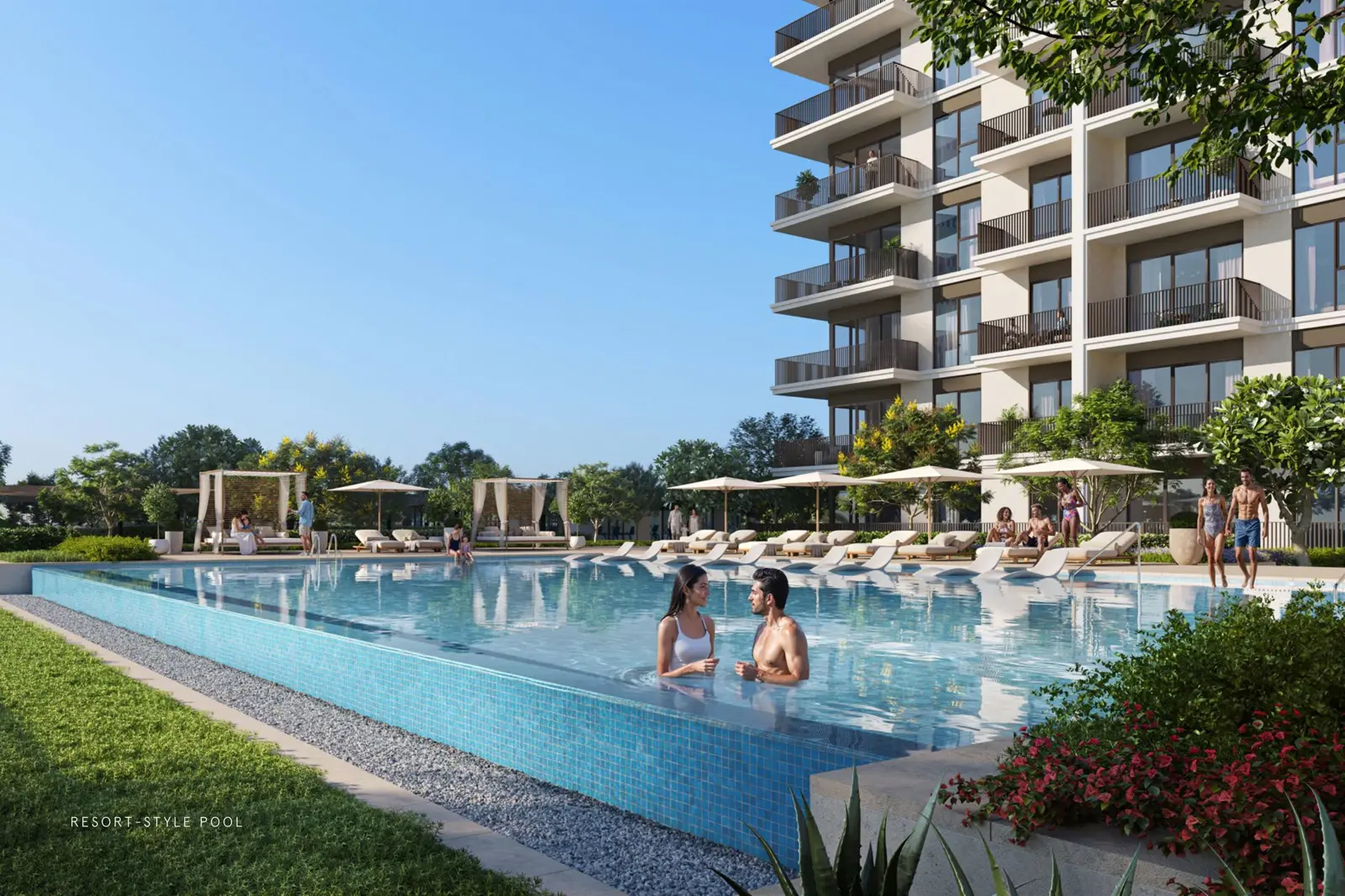 Resort-style pool with loungers and cabanas