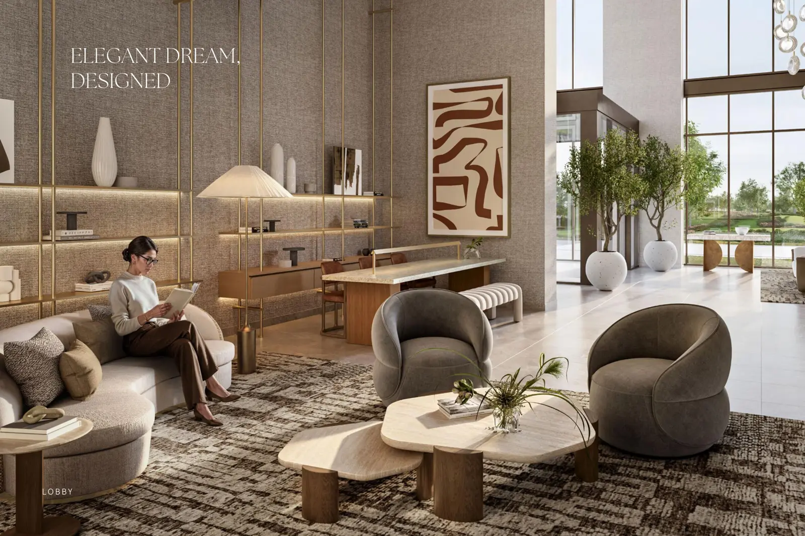 Tower lobby with lounge seating and tall windows