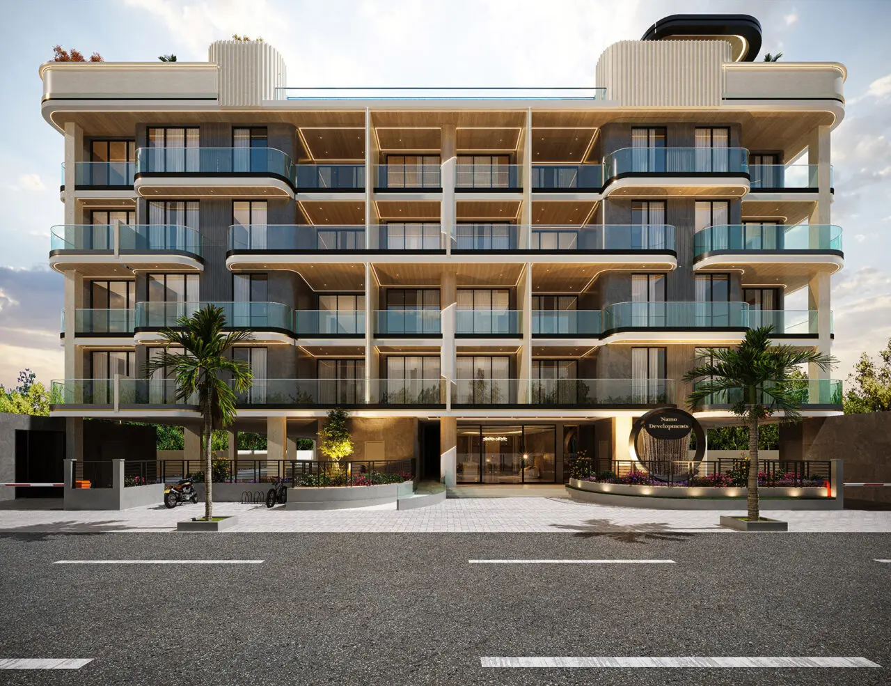 Front facade of the building with glass balconies