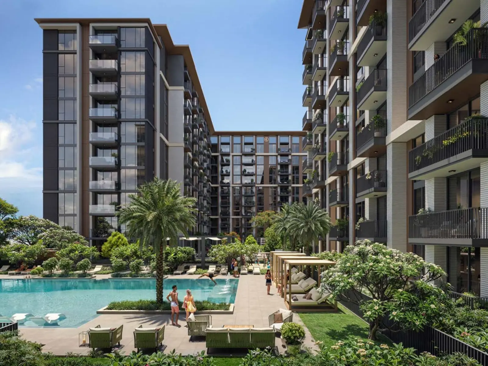 Pool and courtyard framed by the towers