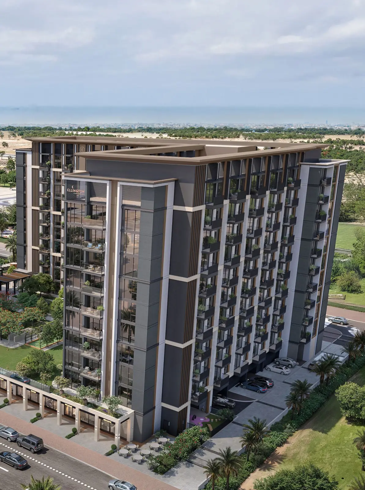 Aerial view of a tower corner and parking
