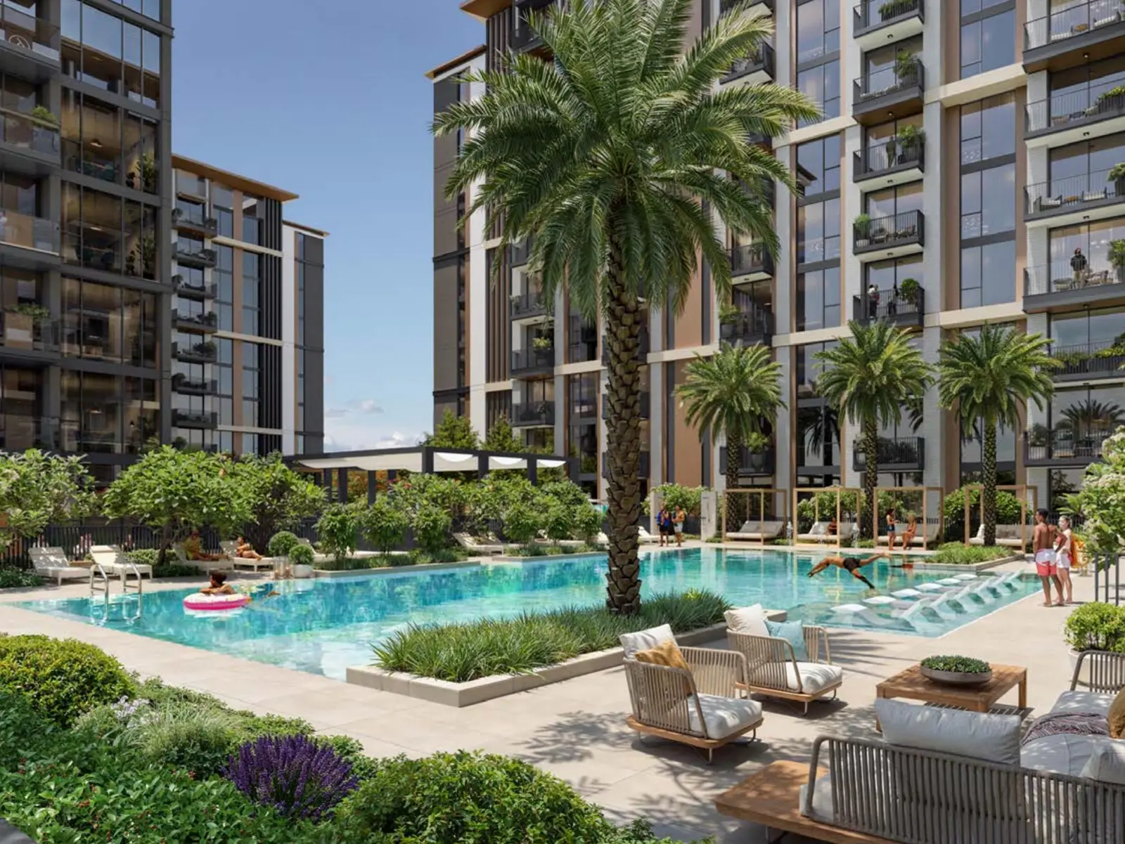 Pool deck with palm tree and lounge seating