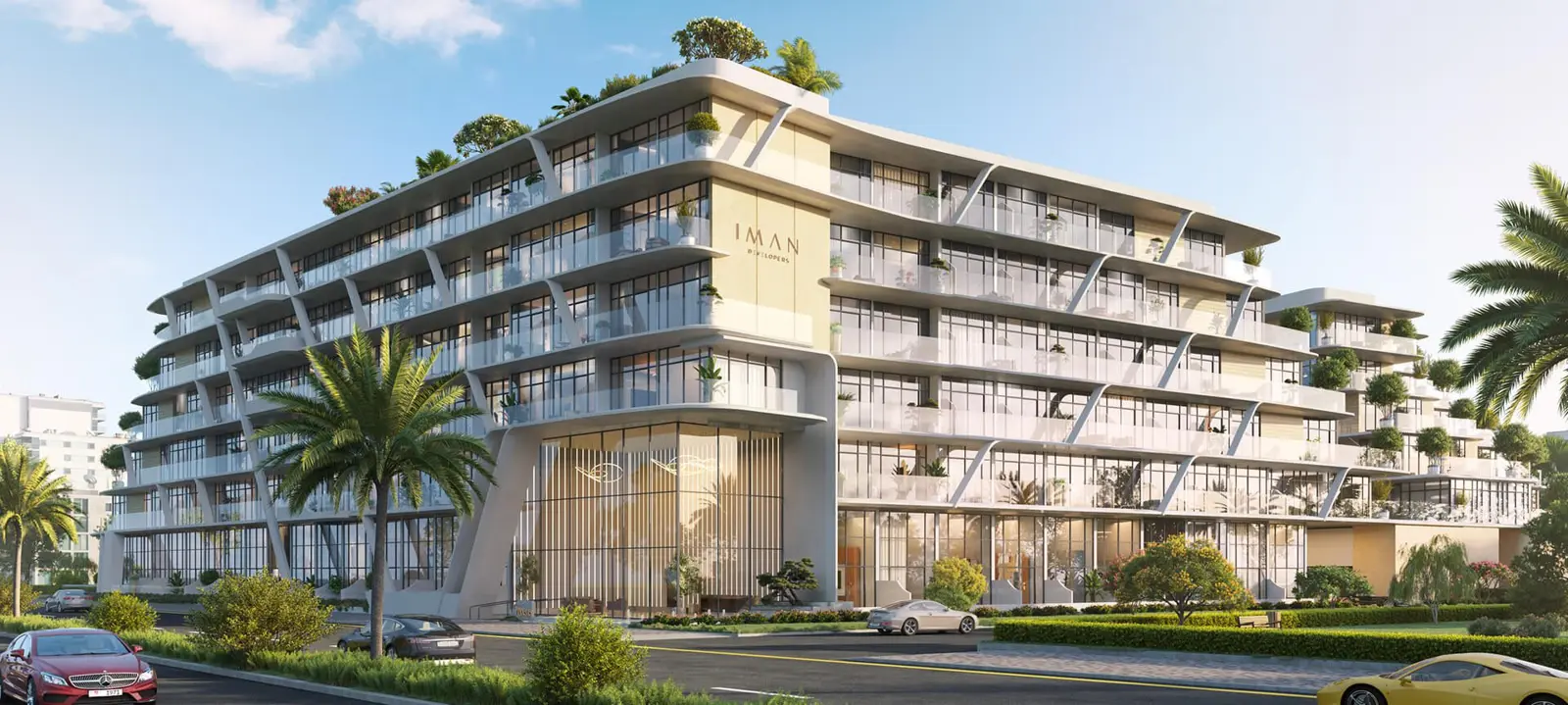 Curved mid-rise facade with rooftop greenery and palms