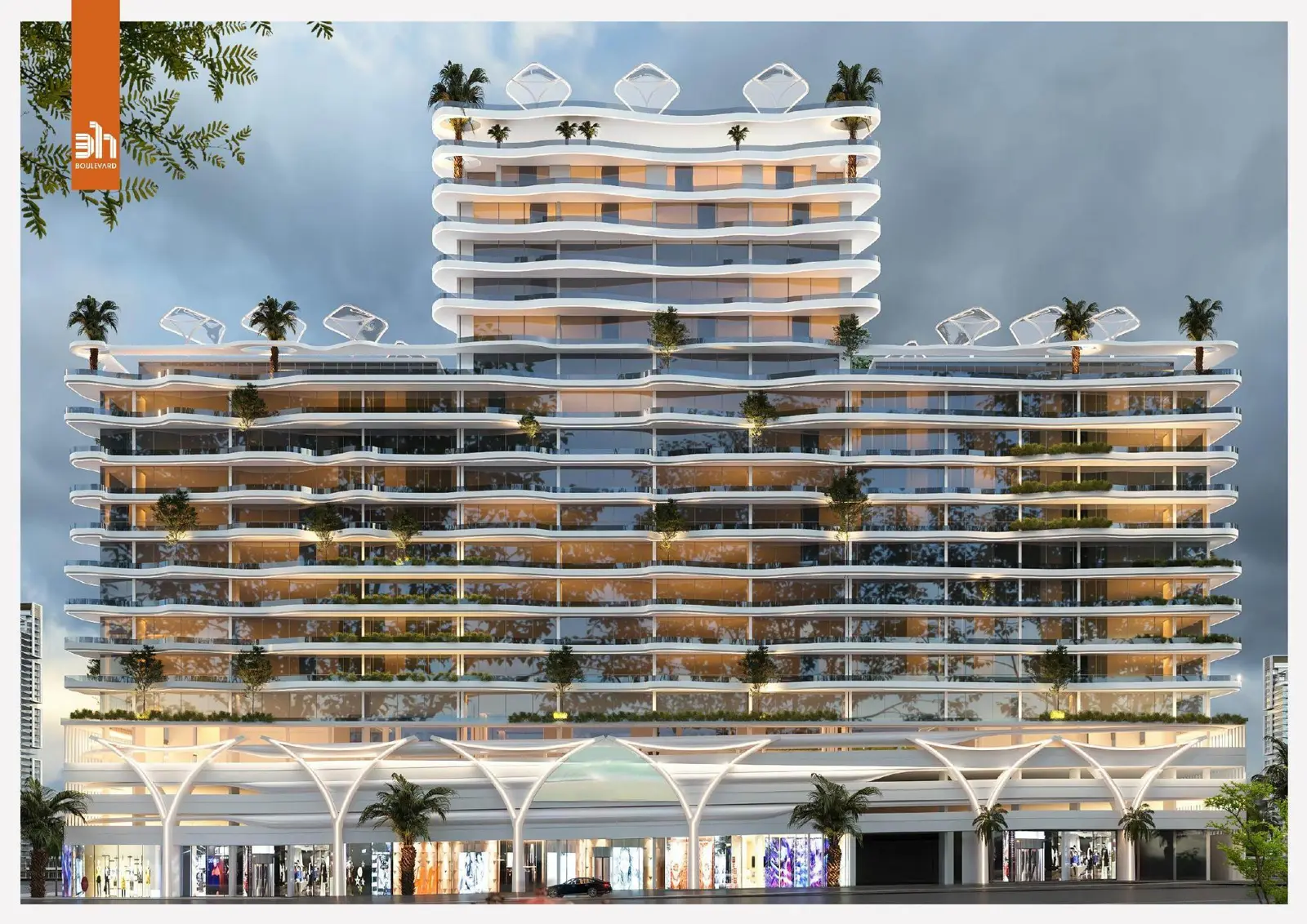 Tiered tower with curved white balconies and retail podium