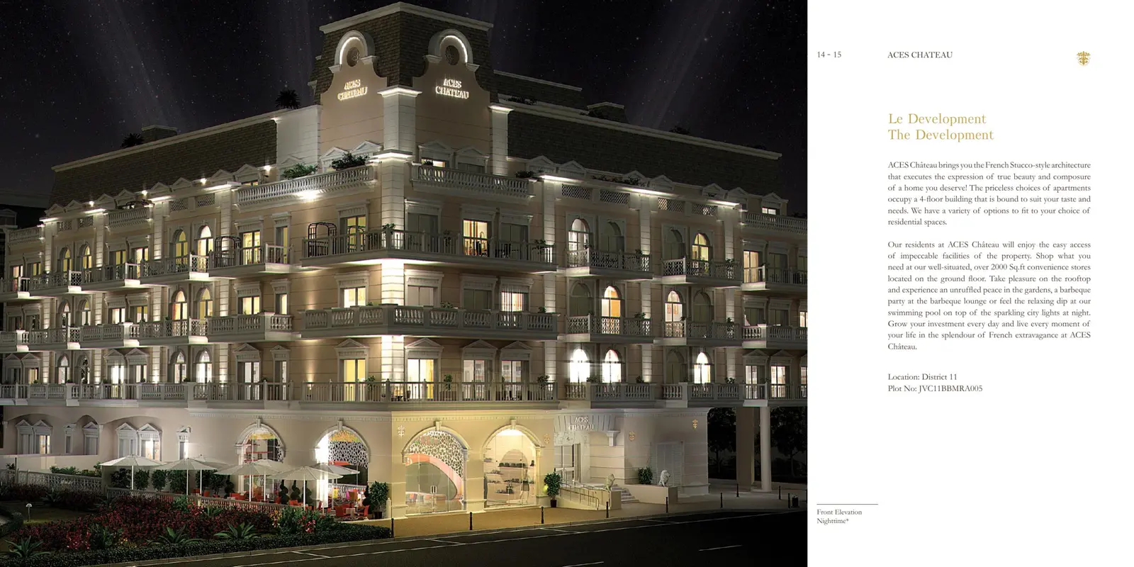 Front elevation of the building at night