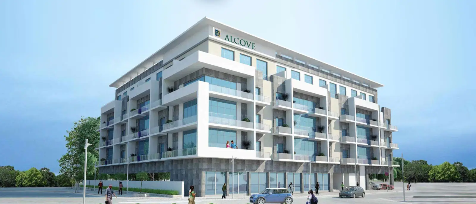 Daytime view of the Alcove building with logo