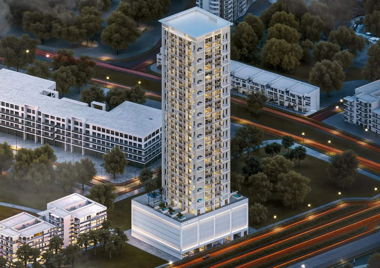 Aerial night view of the tower on its podium