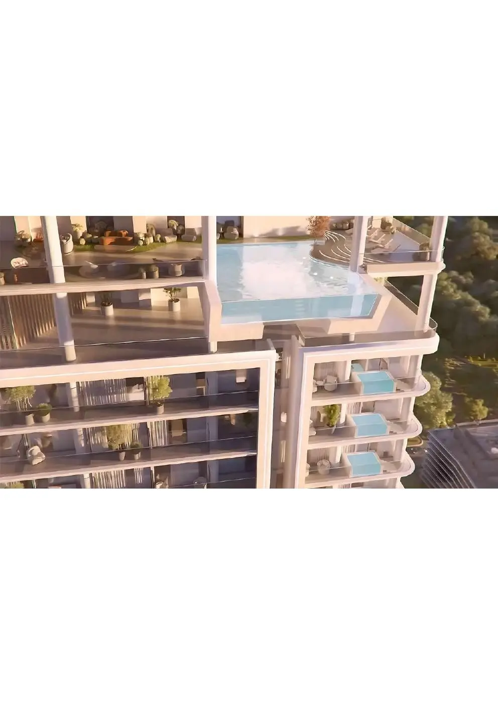 Aerial view of the tower's suspended pool and balcony pools
