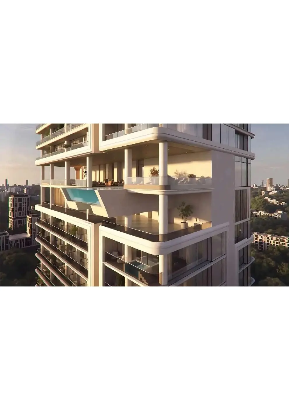 Tower facade with suspended pool and balconies