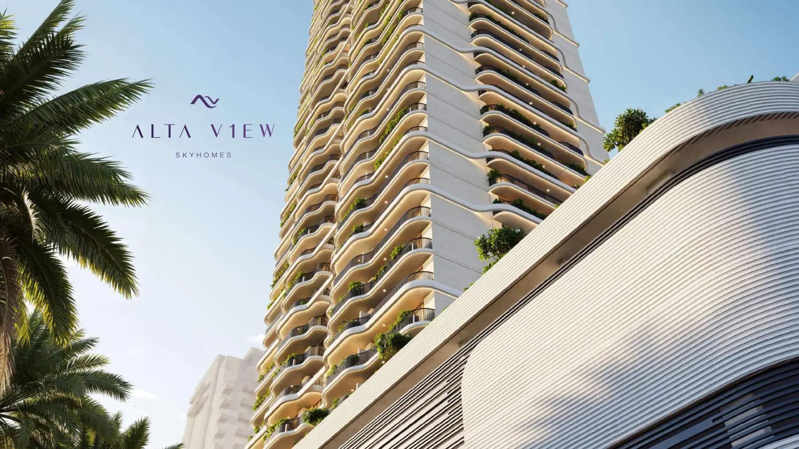Curved balconies with planting above the podium