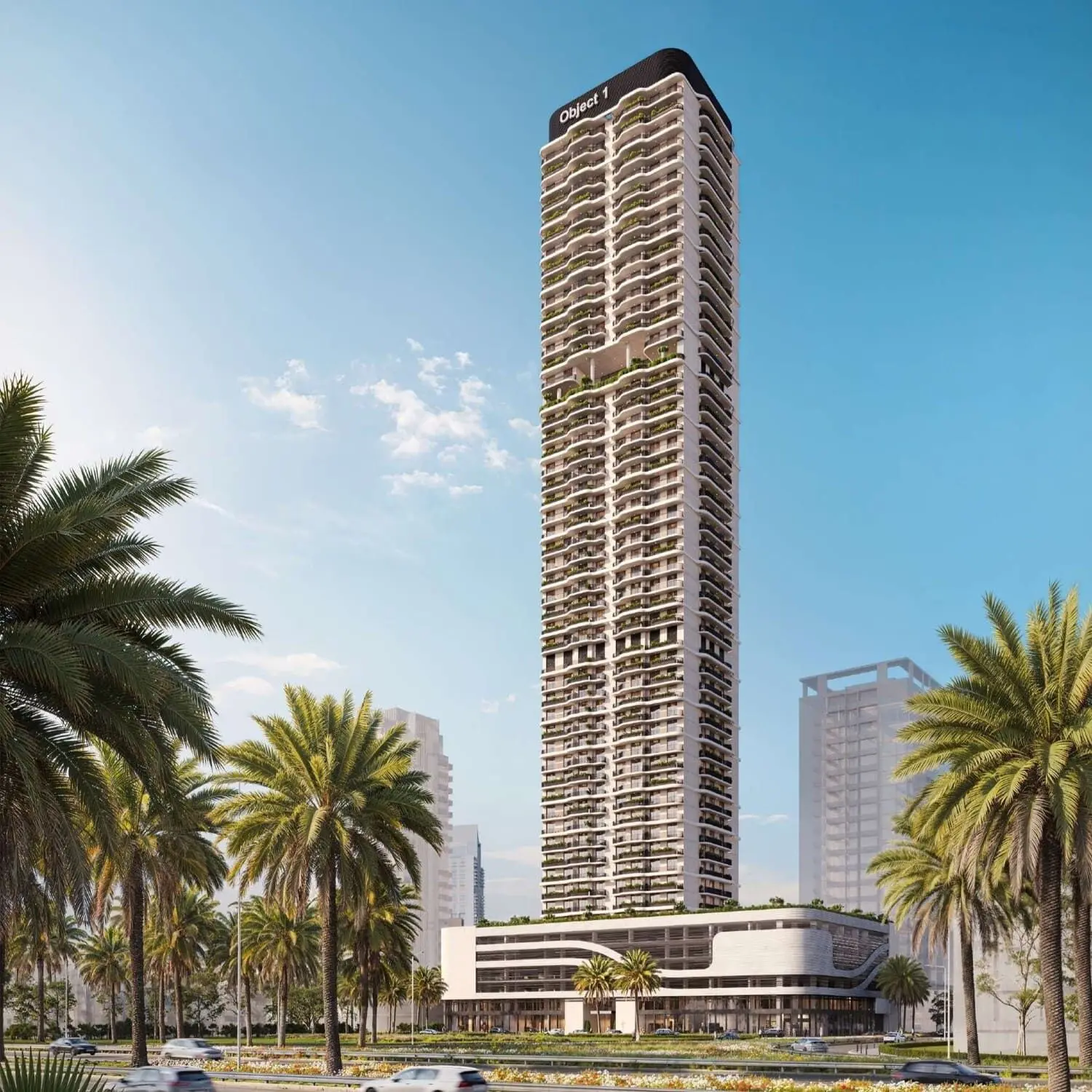 Full tower with podium among palm trees
