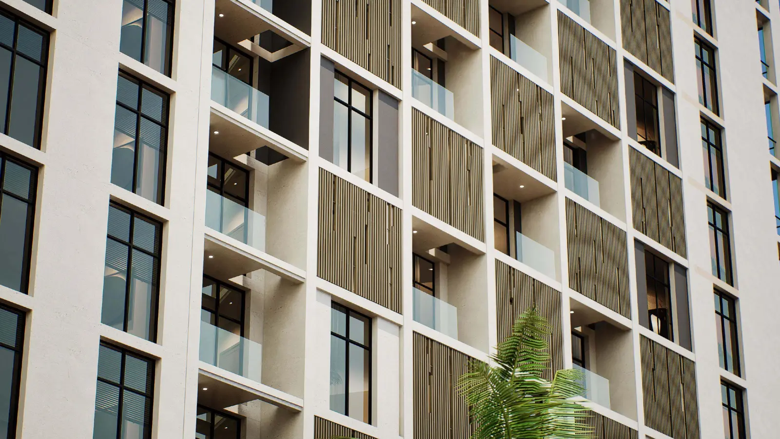 Close view of facade with balconies and timber screens