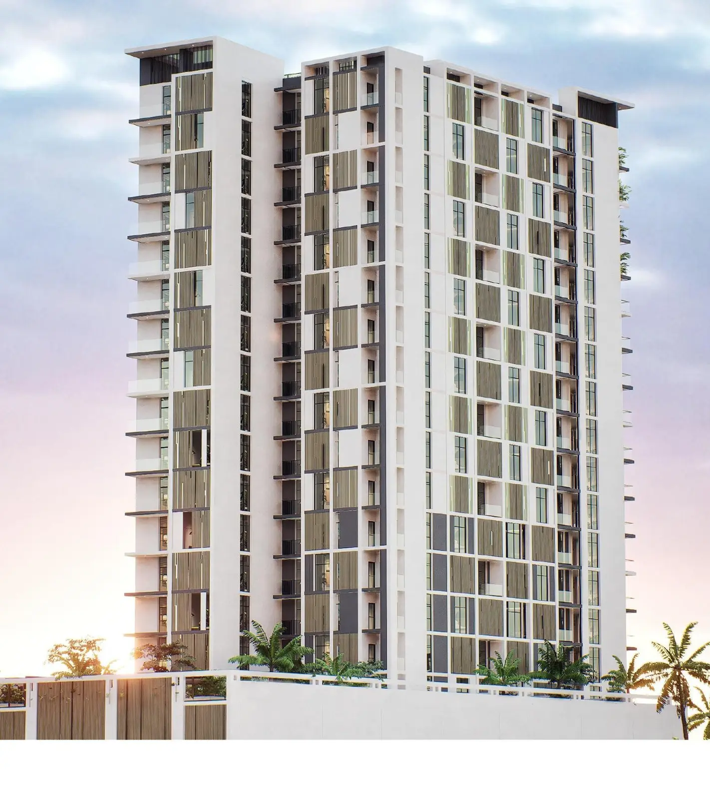 Full view of the 16-floor tower at sunset