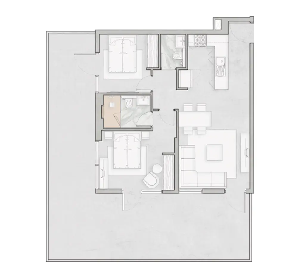 Ground floor two-bedroom plan with large terrace