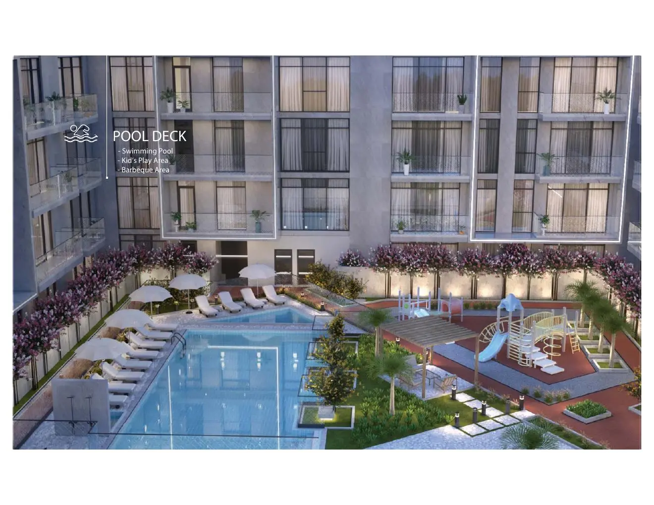 Pool deck with kids' play area in the courtyard