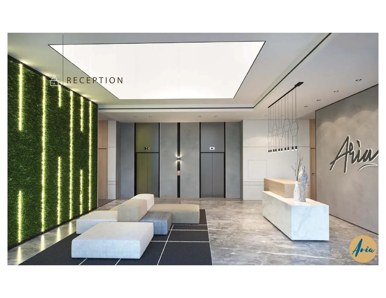 Reception lobby with green wall and marble floor