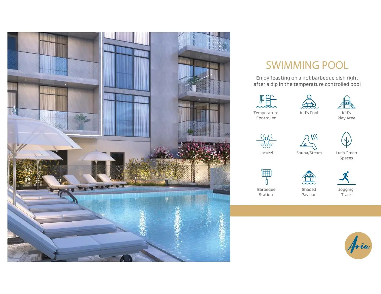Swimming pool with sun loungers beside the building