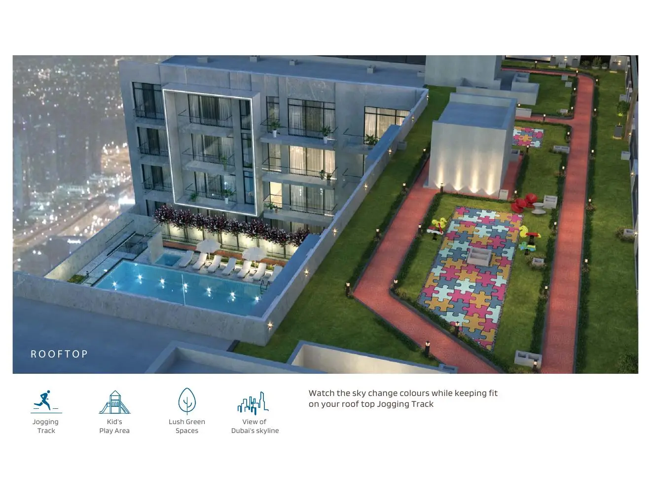 Rooftop jogging track and landscaped area