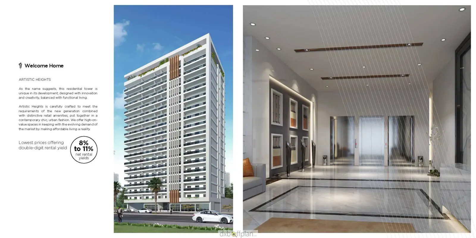 Tower facade beside a lobby interior