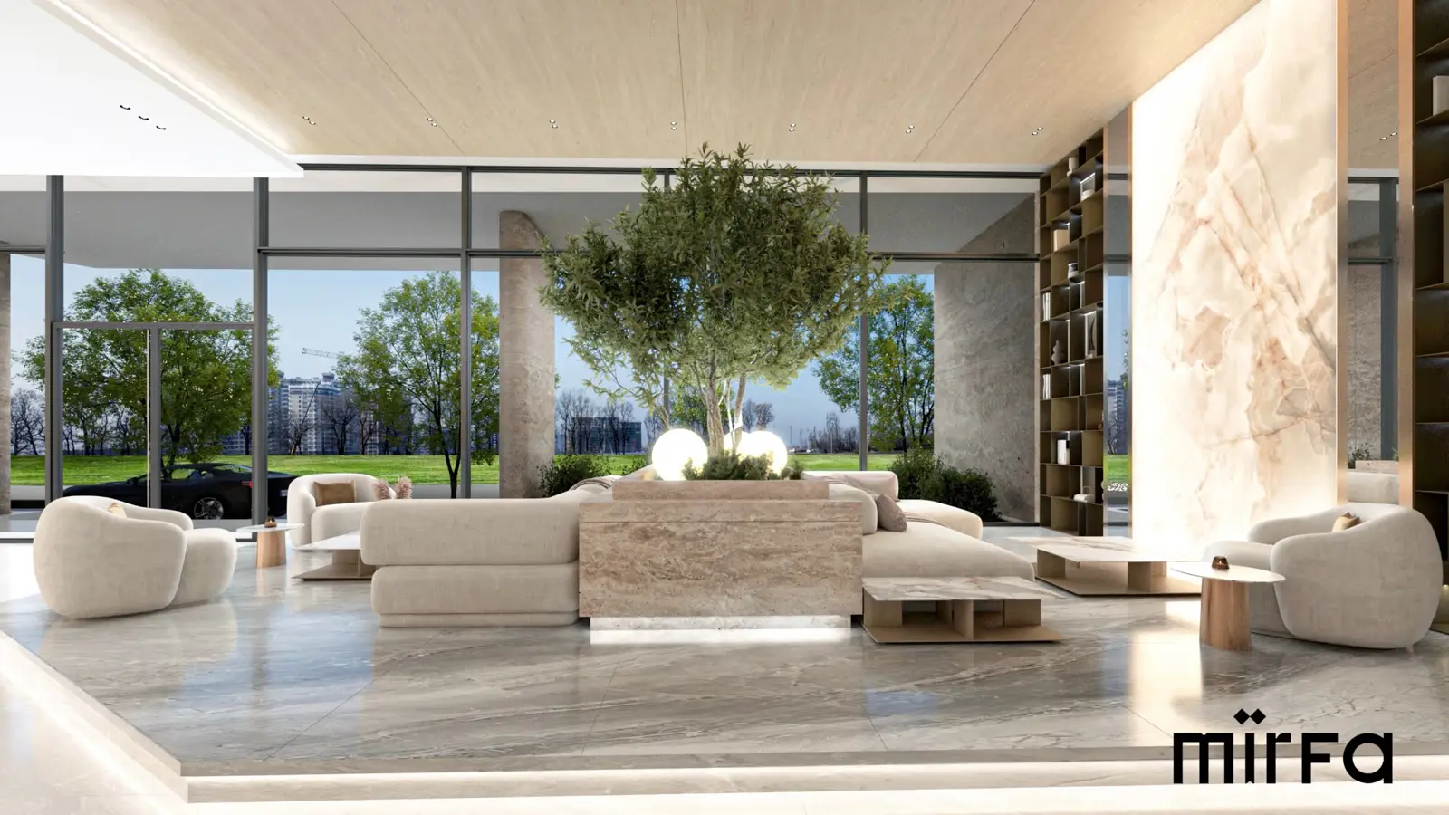 Lobby lounge with a tree and marble wall