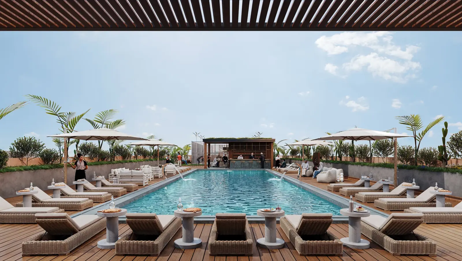 Rooftop pool deck with loungers and umbrellas