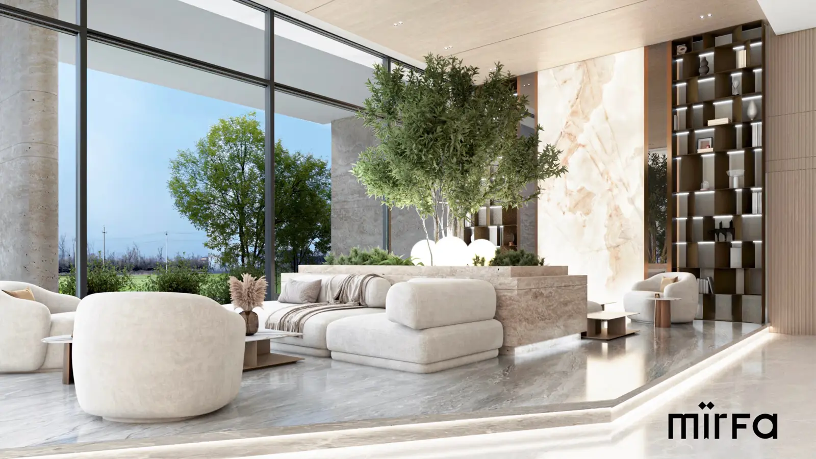 Lobby seating area with large windows and a tree