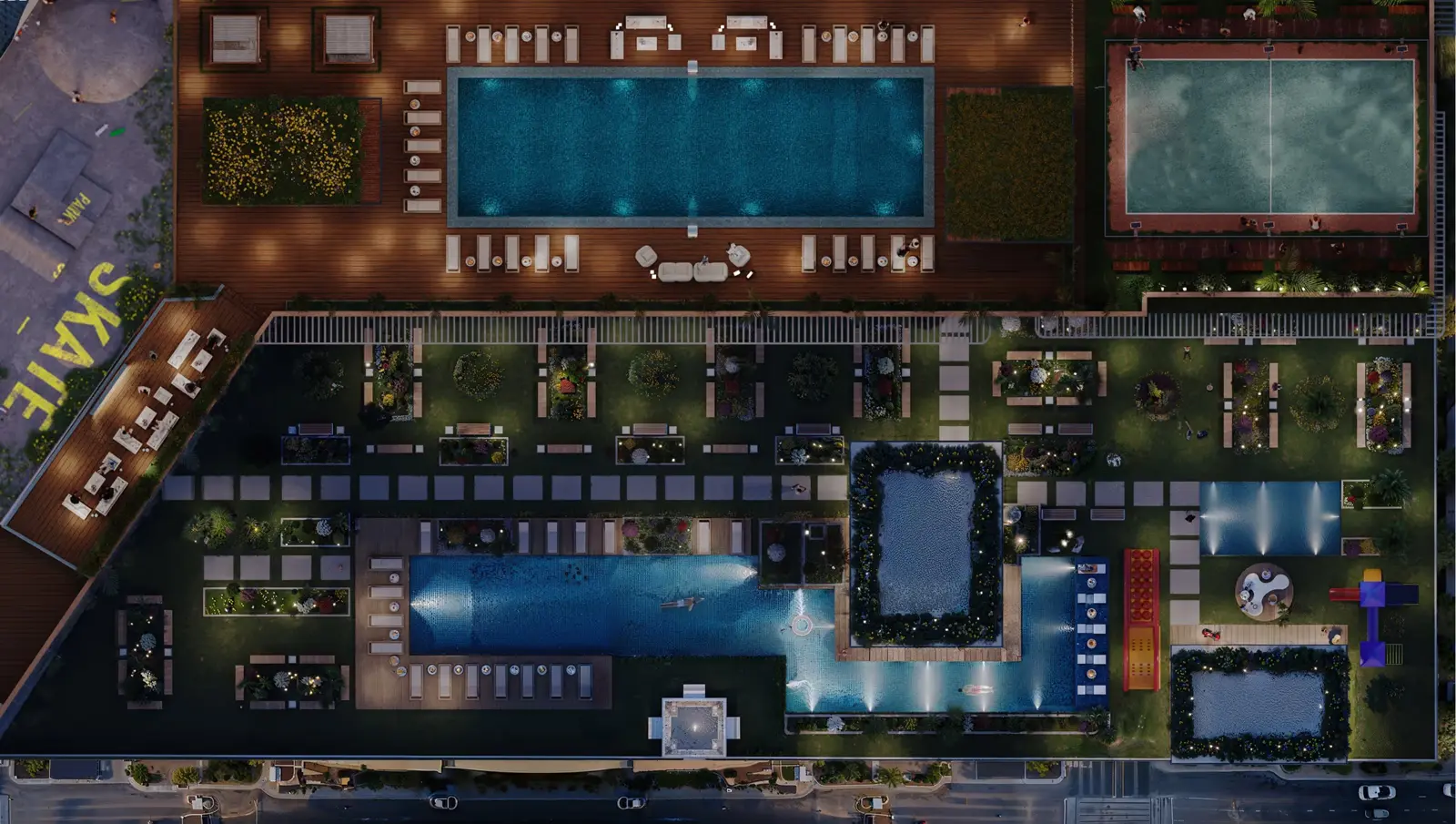 Top-down view of the rooftop pools and skate area