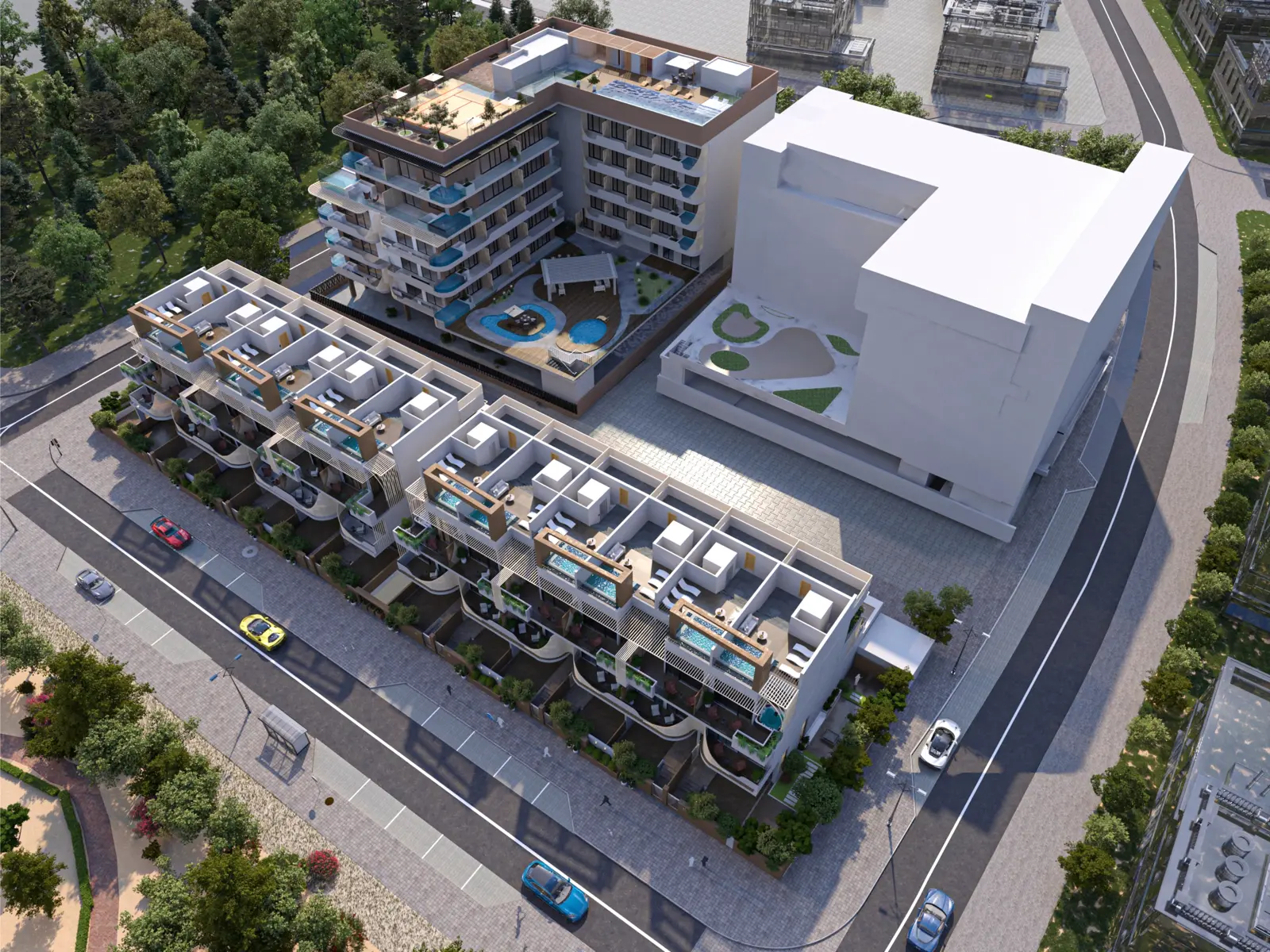 Aerial view of townhouses and apartment block