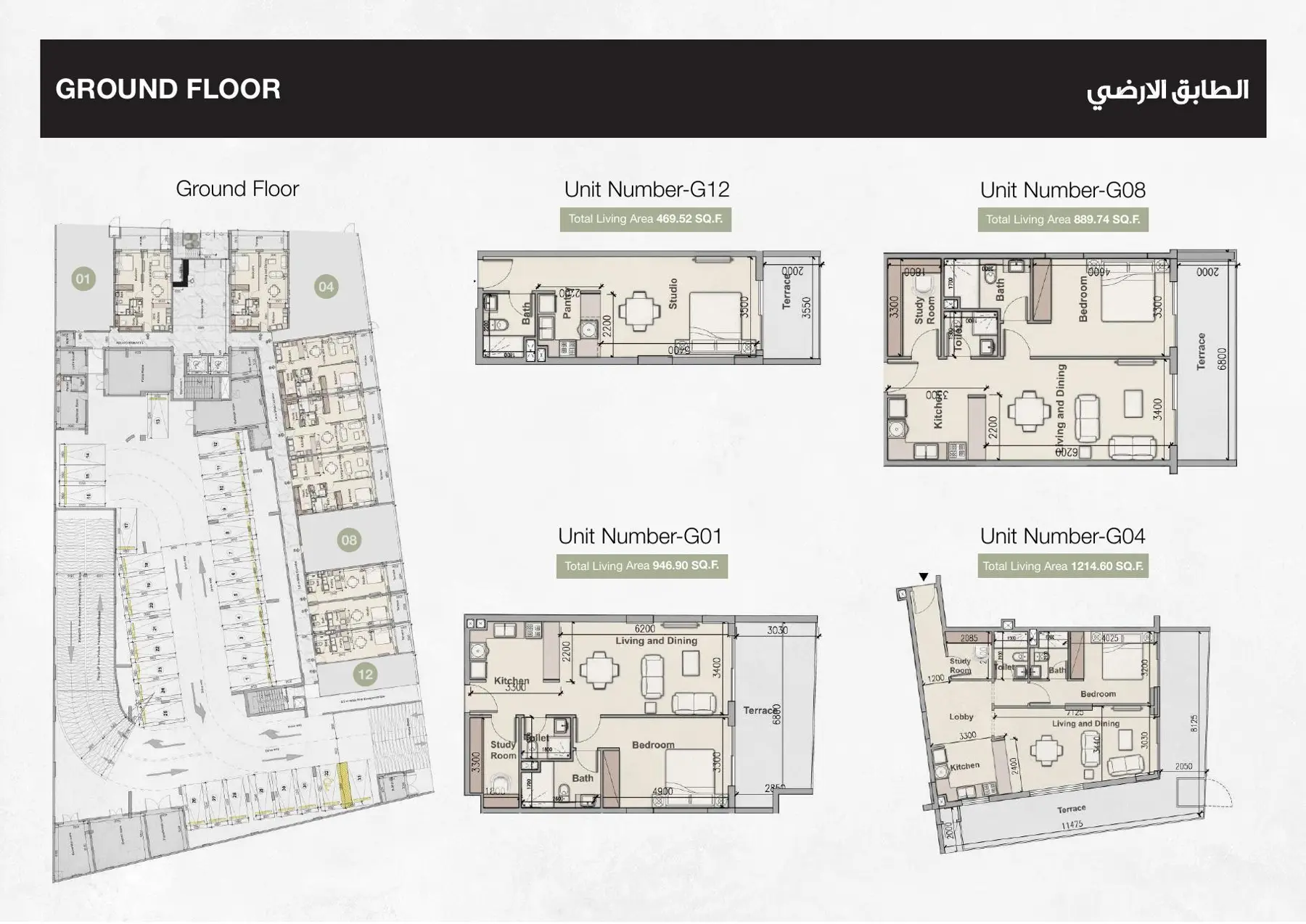 Ground floor plan and four unit layouts
