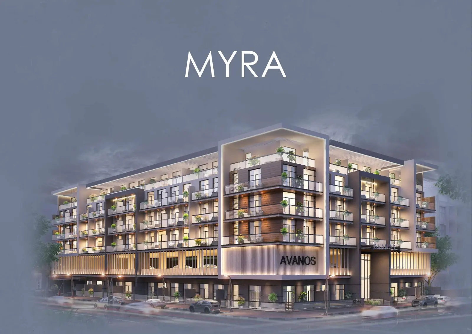 Night view of the Avanos building facade