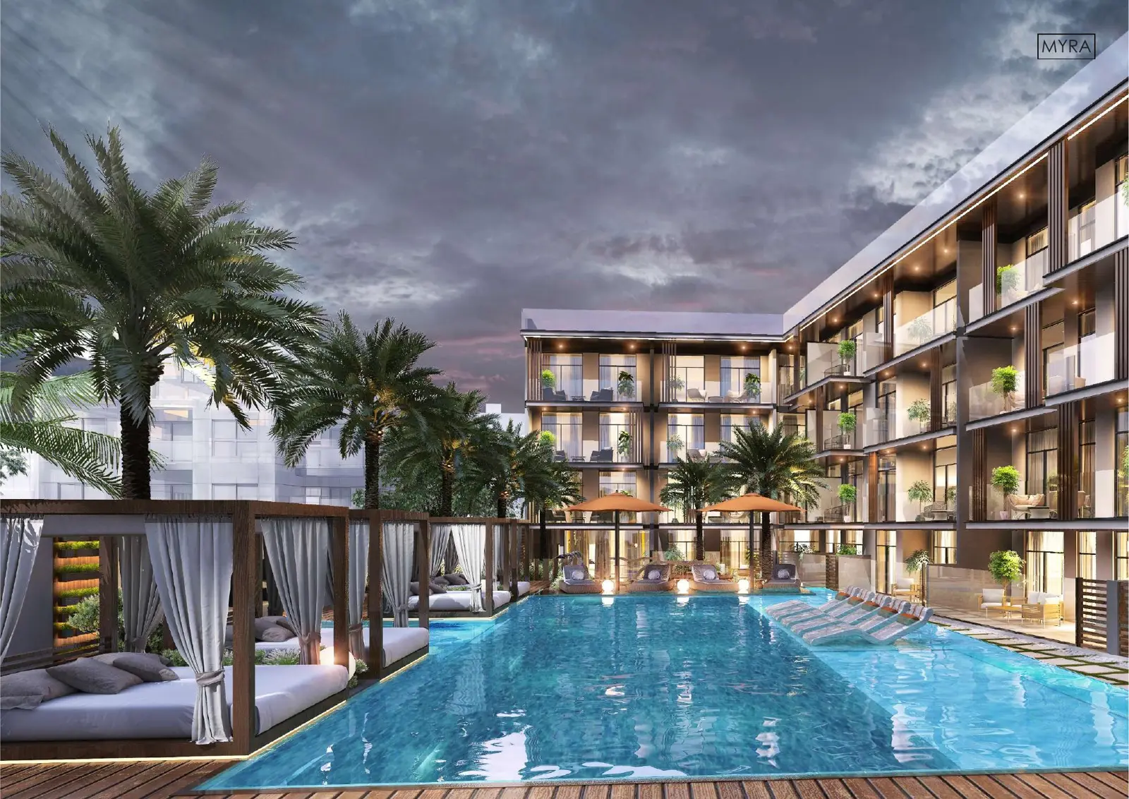 Pool with cabanas and the residential block