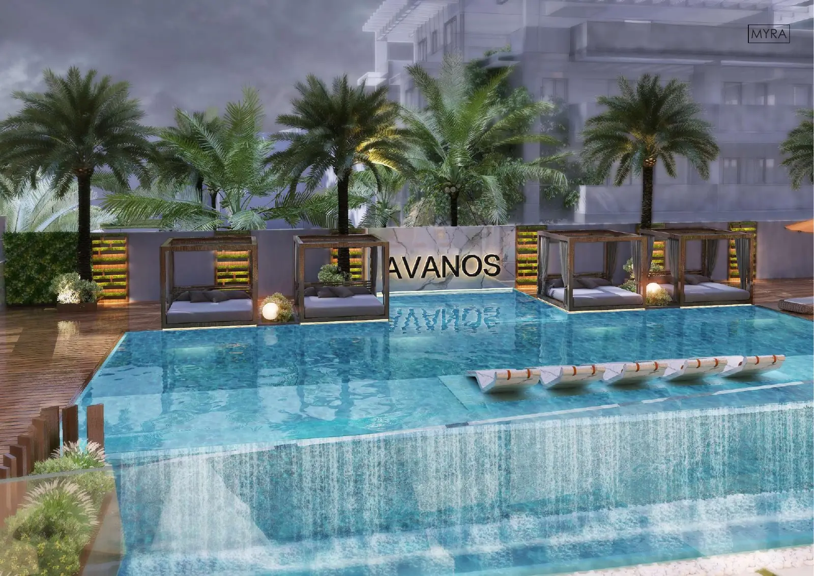 Pool with cabanas and the Avanos sign