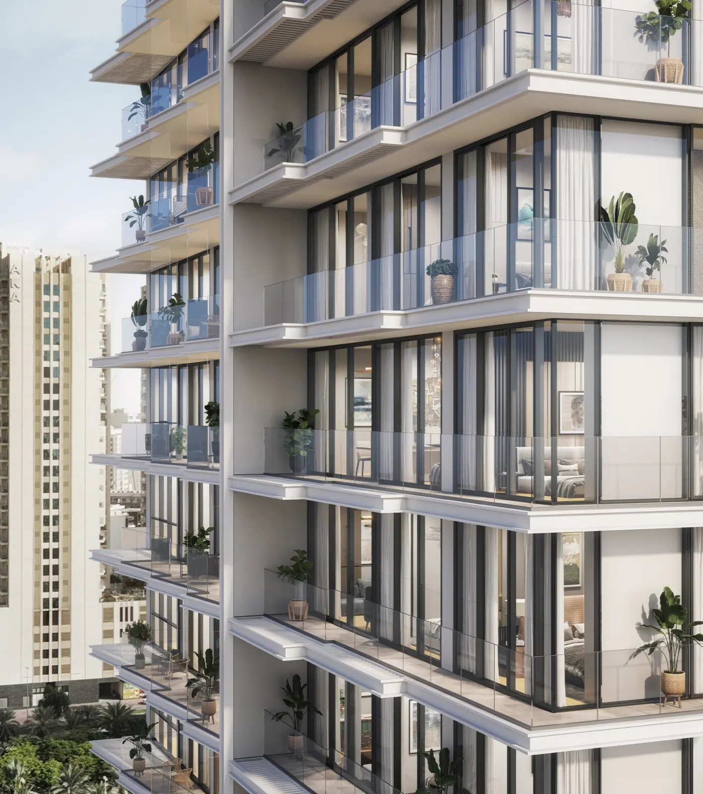 Tower facade with glass balconies and plants