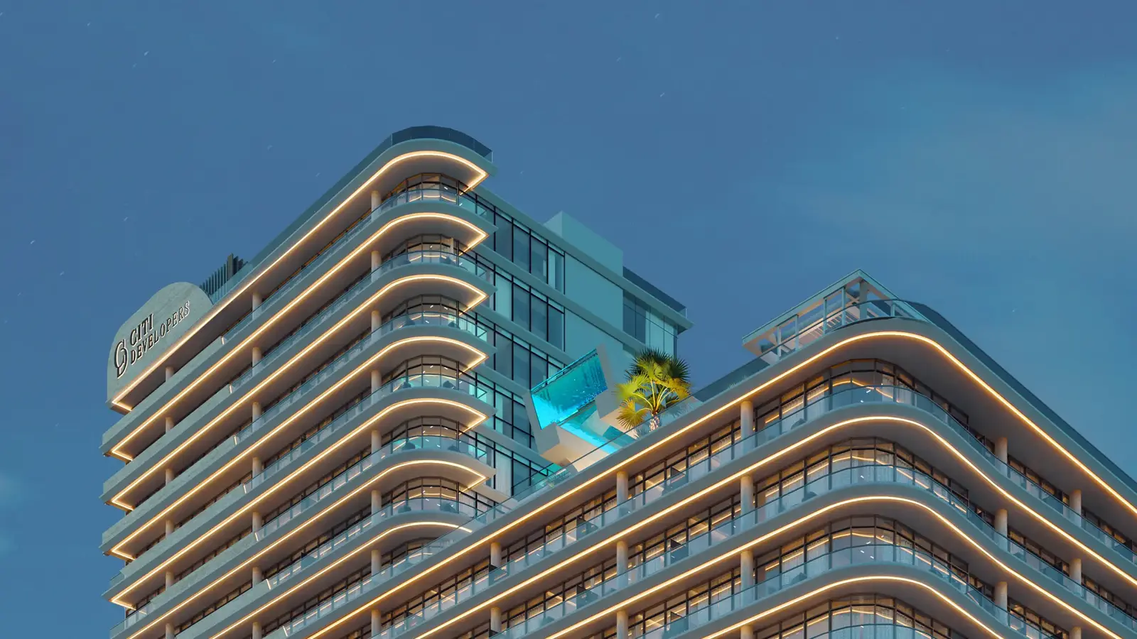 Curved lit balconies and rooftop pool at dusk