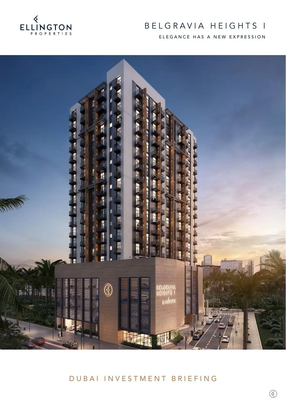 Brochure cover with tower render at dusk