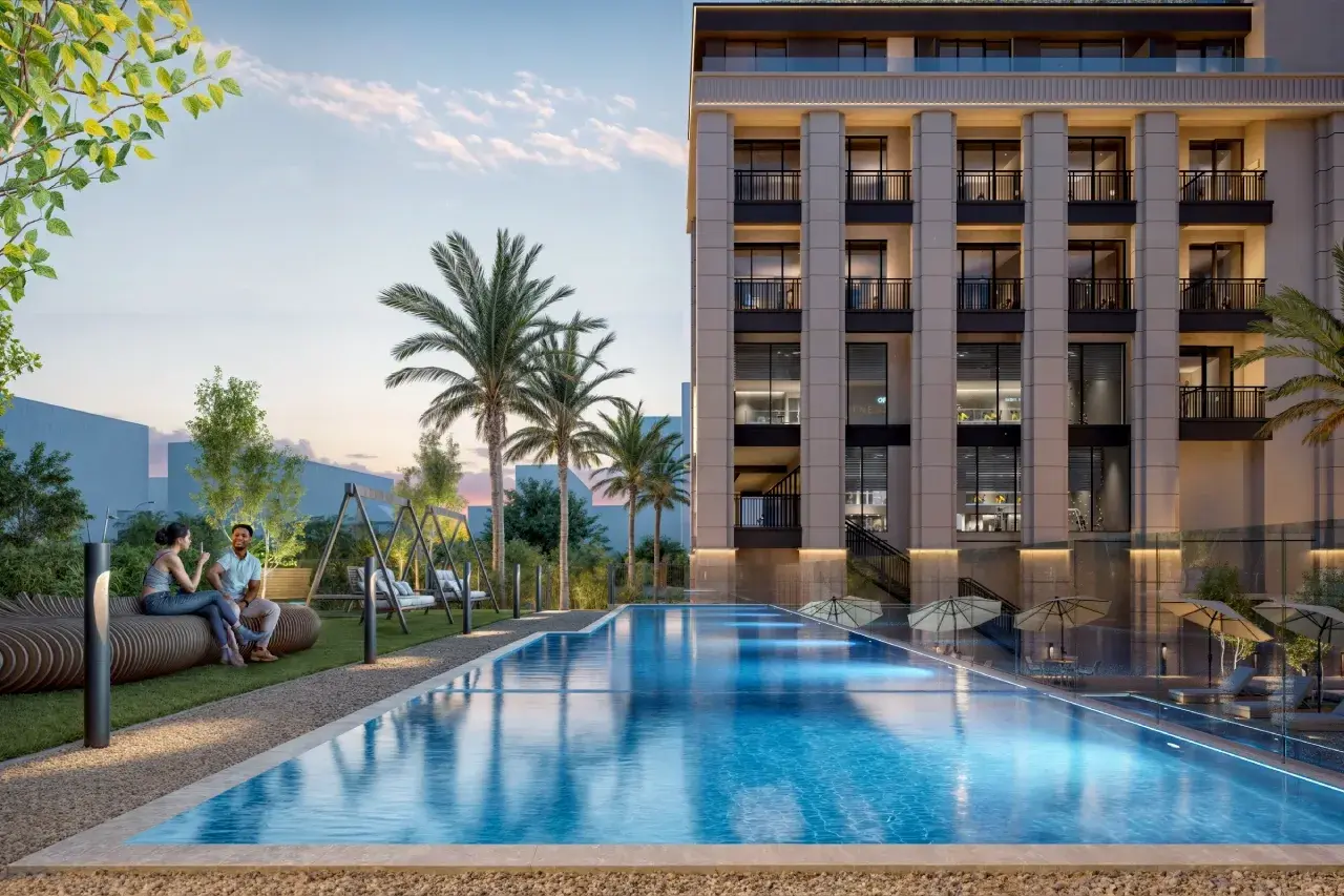 Courtyard pool with palms and swings