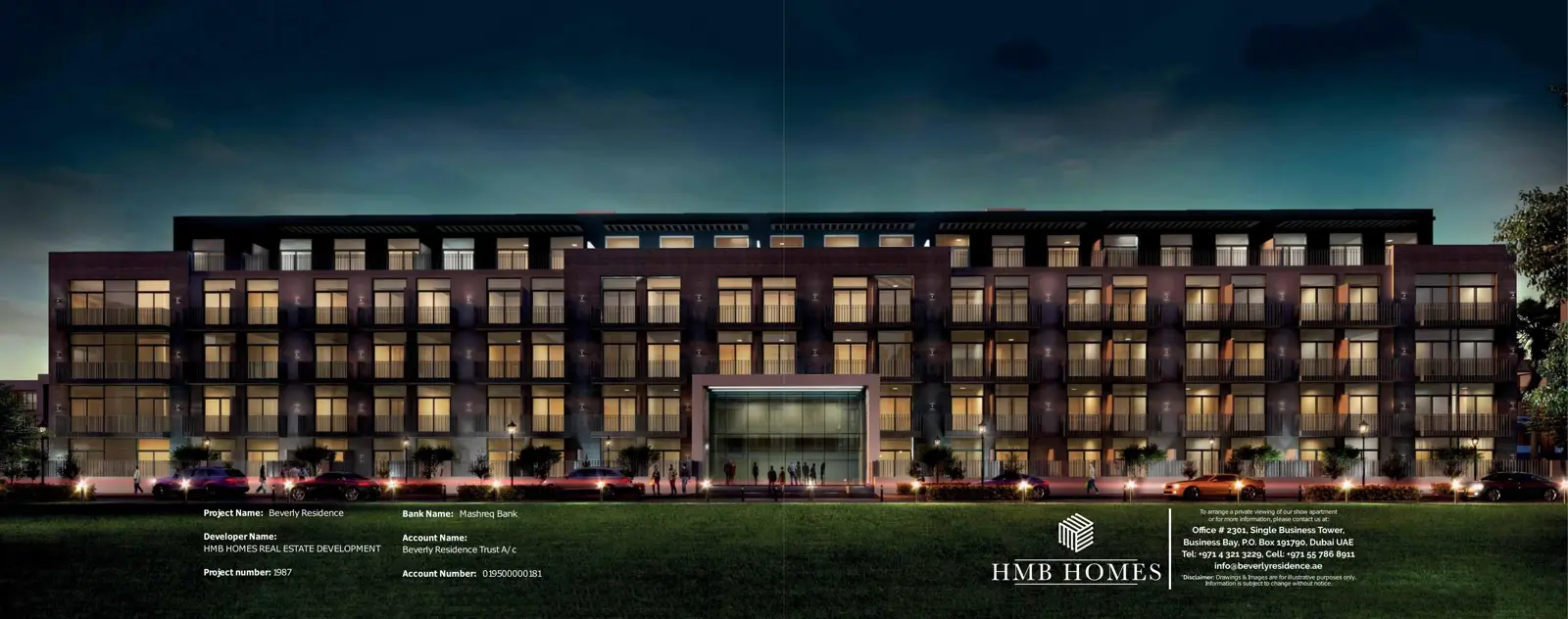 Full front facade at night with contact details