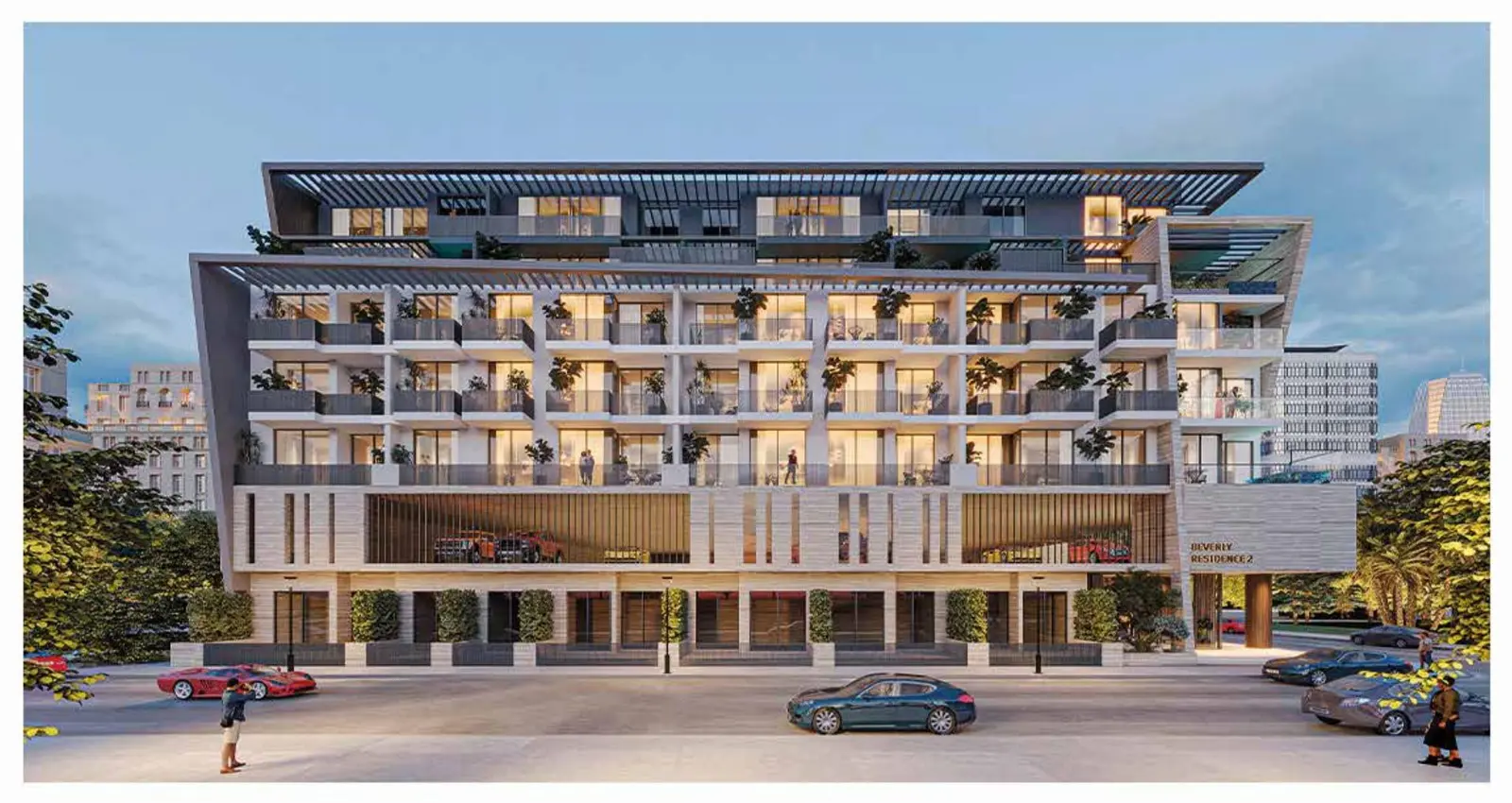 Street view of the full building facade at dusk